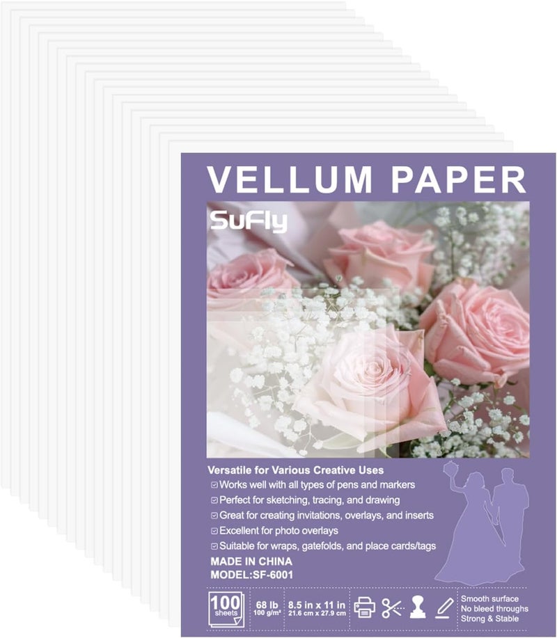 SUNFLY Vellum Paper 8.5 x 11 Translucent Printable, 100 Sheet（100gsm/68lb Vellum Tracing Paper, Translucent Vellum Paper for Invitation, Greeting Cards, Tracing Paper Pad for Drawing, Sketching, Writing - Image 1